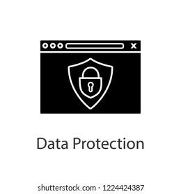 Data protection glyph icon. Safe internet connection. Internet, cyber security. Data encryption. Web browser with padlock, shield. Secure web hosting. Silhouette symbol. Vector isolated illustration