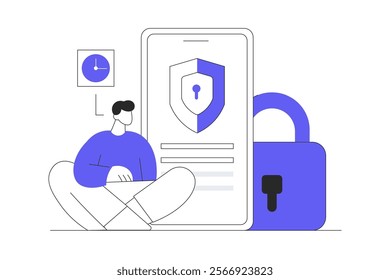 Data Protection with Guard Character Protect Smartphone With Lock On Screen. Internet Security Service For Information Privacy, Secure Payment. Flat Cartoon Vector Illustration, icon. Stylish abstract