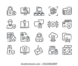 Protección de datos dibujado a mano doodle boceto estilo línea iconos. Ilustración vectorial.