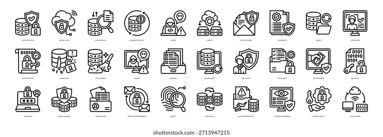 Estilo de linha da coleção de ícones da Proteção de Dados. contendo Proteção de Dados, Secure Cloud, Detecção de Dados, Continuidade de Negócios, Hacker, Servidor, E-mail Protegido