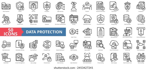 Data protection icon collection set. Containing privacy, security, encryption, cyber, confidentiality, consent, personal information icon. Simple line vector.