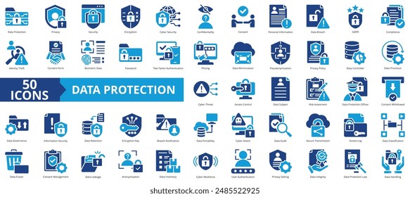 Data protection icon collection set. Containing privacy, security, encryption, cyber, confidentiality, consent, personal information icon. Simple flat vector.