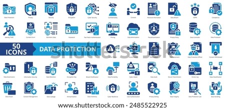 Data protection icon collection set. Containing privacy, security, encryption, cyber, confidentiality, consent, personal information icon. Simple flat vector.