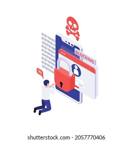 Data Protection Icon With Confused Man And Notification About Blocking Account Isometric Vector Illustration