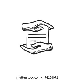 Data protection icon in doodle sketch lines. Hands over document paper