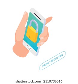 Data protection icon with human hand holding smartphone with lock on screen isometric vector illustration