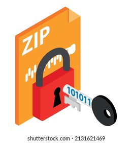 Data Protection Icon Isometric Vector. Key With Binary Code And Padlock, Zip File. Cyber Security Technology, Personal Data Security, Information Confidentiality