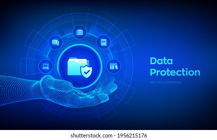 Data protection icon in robotic hand. Personal data security concept on virtual screen. Protected folder icon. Cyber security. Internet privacy and safety. Vector illustration.