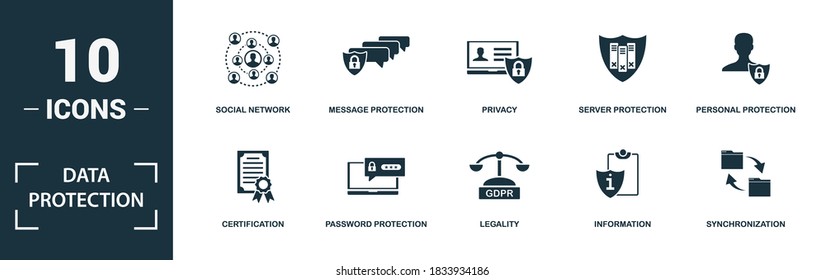 Conjunto de iconos de Protección de datos. Recopilación de elementos simples como la certificación, la protección de contraseñas, la legalidad, la información. Señales de temas de Protección de datos.