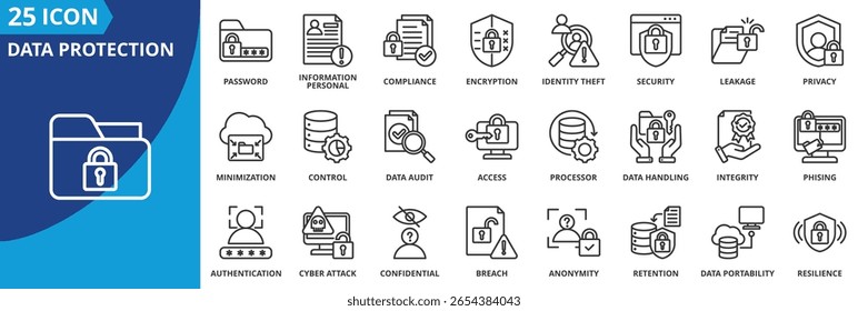 data protection icon set collection in outline style. an icon pack contain cyber security, encryption, privacy, compliance, password, access, control, authentication, confidential, antivirus