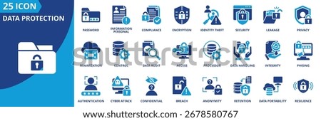 Data protection icon set collection in flat style. Icon pack contains cyber security, encryption, privacy, compliance, password, access, control, authentication, confidential, antivirus