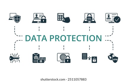 Conjunto de iconos de protección de datos. Monocromo simple icono de protección de datos colección. Antivirus, Privacidad En Línea, Control De Acceso, Ssl, Verificación, Clave Digital, Pago De Seguridad, Seguridad De Red, Datos