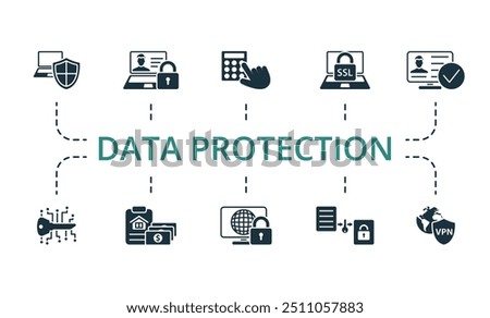 Data Protection icon set. Monochrome simple Data Protection icon collection. Antivirus, Online Privacy, Access Control, Ssl, Verification, Digital Key, Security Payment, Network Security, Data