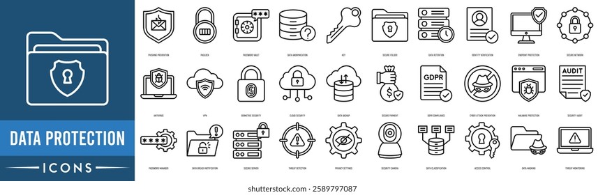 Data protection icon set. Phishing Prevention, Padlock, Password Vault, Data Anonymization, Key and Secure Folder