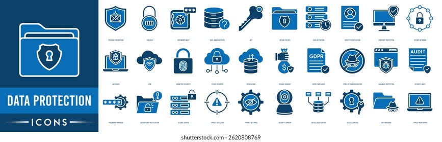 Data protection icon set. Phishing Prevention, Padlock, Password Vault, Data Anonymization, Key and Secure Folder