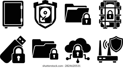 Data Protection Icon Set with Secure Safe, Hard Drive, Folder, Vault, USB Drive, Cloud, and Router Security Symbols