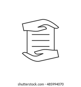 Data protection icon in thin outline style. Hands over document paper
