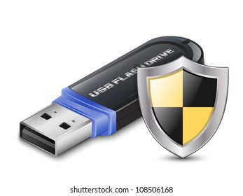 Data Protection Icon - USB Flash Drive with Shield. Vector