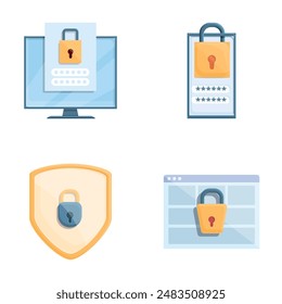 Data protection icons set cartoon vector. Security of personal information. Cybersecurity concept