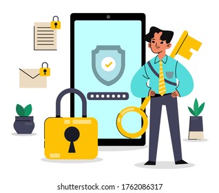 Data Protection Vector Illustration, eine Funktion zum Schutz Ihrer Daten im Internet. Diese Illustration kann für Website, Landing Page, Web, App und Banner verwendet werden.