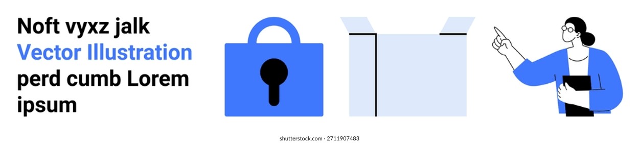 Protección de datos, gestión de la información, almacenamiento digital, servicios profesionales, seguridad empresarial e intercambio de conocimientos. Cerradura azul, caja de correo abierta y persona con documentos. Protección de datos