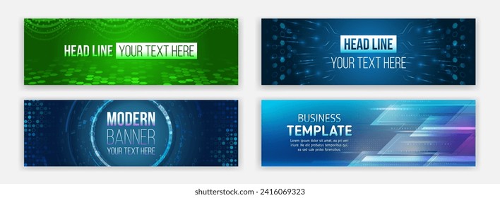 Data protection, internet communication, science, big data, cover design set. Sci-fi vector sample concept. High-tech horizontal banner template. Modern banner design with technology element.