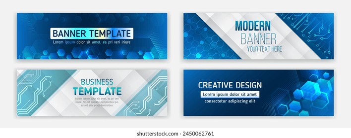 Data protection, internet communication, science, big data, cover design set. Sci-fi vector sample concept. High-tech horizontal banner template. Modern banner design with technology element.