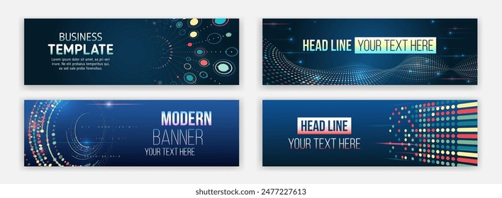 Data protection, internet communication, science, big data, cover design set. Sci-fi vector sample concept. High-tech horizontal banner template. Modern banner design with technology element.