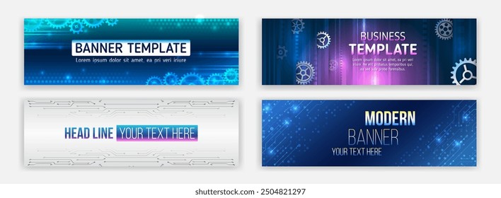 Protección de datos, comunicación por Internet, ciencia, big data, conjunto de diseño de portada. Concepto de muestra de Vector de ciencia ficción. Plantilla de Anuncio Horizontal de alta tecnología. Diseño de Anuncio moderno con elemento tecnológico.