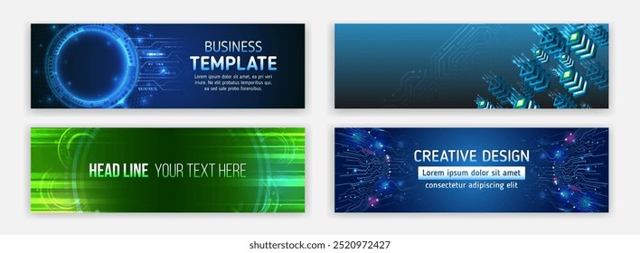 Data protection, internet communication, science, big data, cover design set. Sci-fi vector sample concept. High-tech horizontal banner template. Modern banner design with technology element.