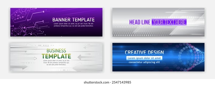 Protección de datos, comunicación por Internet, ciencia, big data, conjunto de diseño de portada. Concepto de muestra de Vector de ciencia ficción. Plantilla de Anuncio Horizontal de alta tecnología. Diseño de Anuncio moderno con elemento tecnológico.
