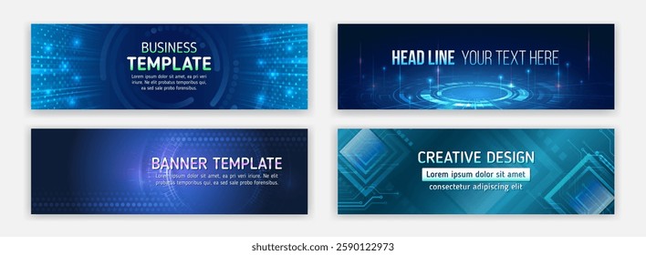 Data protection, internet communication, science, big data, cover design set. Sci-fi vector sample concept. High-tech horizontal banner template. Modern banner design with technology element.