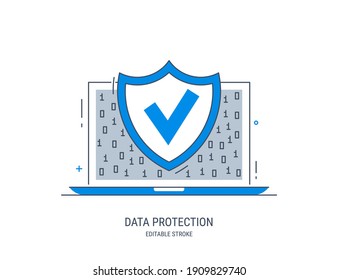 Data protection. Internet security. Antivirus protection. Editable vector illustration in style line art.