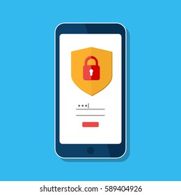 Data protection, internet security concept, infographic. Network secure. Vector shield, lock,  mobile phone screen isolated on blue. Padlock login password. Flat design template for website, web, app