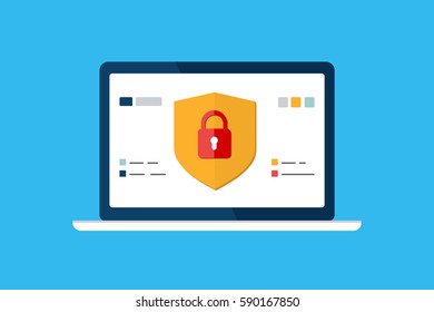 Data protection, internet security concept, infographic. Network secure icon. Vector shield, lock, laptop computer screen isolated on blue. Flat design template for web site, mobile app, UI
