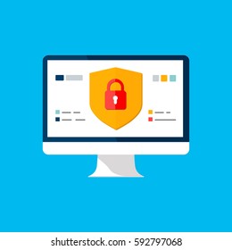 Data Protection, Internet Security Concept. Network Secure. Monitor Computer Screen. Flat Design Illustration