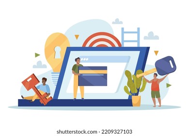 Data protection internet security flat composition with people holding keys vector illustration