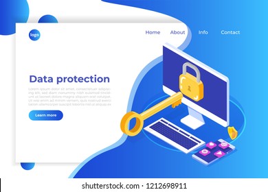 Data protection, Internet security isometric concept. VPN, Encryption, Privacy Protection. Vector illustration 3d isometry.