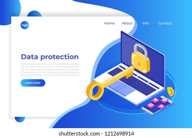 Data protection, Internet security isometric concept. VPN, Encryption, Privacy Protection. Vector illustration 3d isometry.