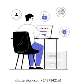 Protección de datos y seguridad de Internet. Bloquear datos personales con huellas dactilares, escaneo facial o Contraseña. Ilustración vectorial con gente de la línea para el Diseño web.	