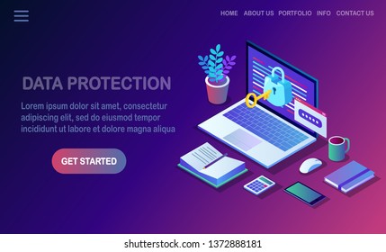 Data protection. Internet security, privacy access with password. 3d isometric computer pc with key, lock. Vector design for banner