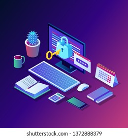 Data protection. Internet security, privacy access with password. 3d isometric computer pc with key, lock. Vector design for banner