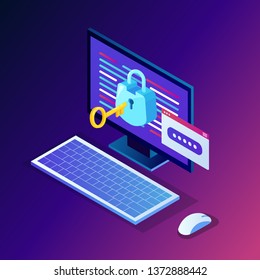 Data protection. Internet security, privacy access with password. 3d isometric computer pc with key, lock. Vector design for banner