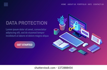 Data Protection. Internet Security, Privacy Access With Password. 3d Isometric Computer Pc With Key, Lock. Vector Design For Banner