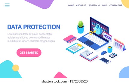 Data protection. Internet security, privacy access with password. 3d isometric computer pc with key, lock. Vector design for banner