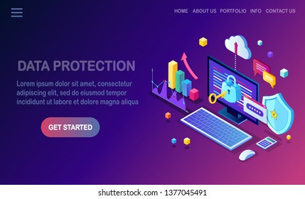 Data protection. Internet security, privacy access with password. 3d isometric computer pc with key, lock, shield. Vector design for banner