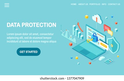 Data protection. Internet security, privacy access with password. 3d isometric computer pc, laptop with key, lock, shield, graph, chart. Vector design for banner