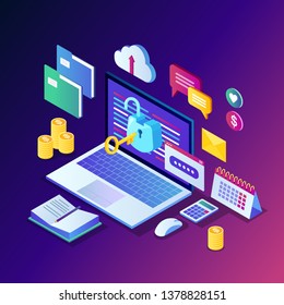 Data protection. Internet security, privacy access with password. 3d isometric computer pc with key, open lock, folder, cloud, documents, laptop, money. Vector design for banner