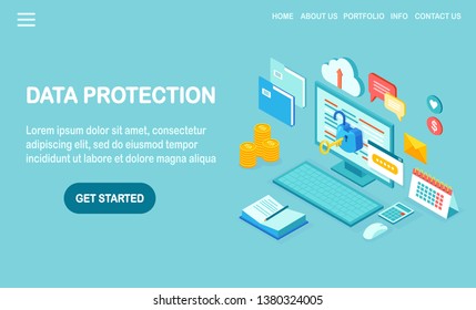 Data protection. Internet security, privacy access with password. 3d isometric computer pc with key, open lock, folder, cloud, documents, laptop, money. Vector design for banner