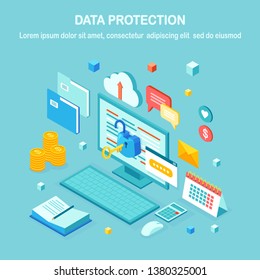 Data protection. Internet security, privacy access with password. 3d isometric computer pc with key, open lock, folder, cloud, documents, laptop, money. Vector design for banner